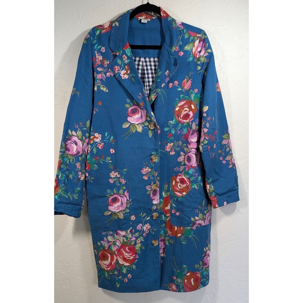 Sundance Royal Botanical Topper Coat Womens Medium Blue Floral Gingham Lining - Picture 6 of 8